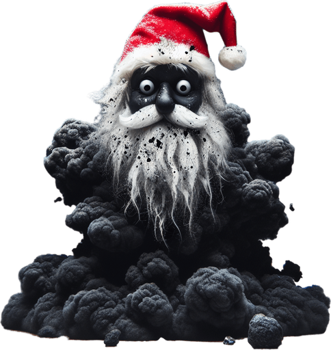 A funny Santa Claus  disheveled and covered by black soot after an explosion. stary night. High contrast.