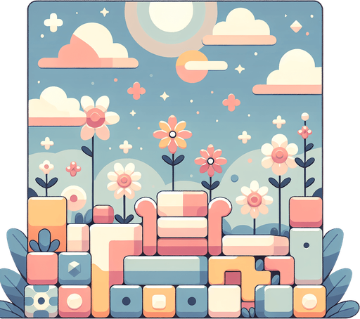 Background for relaxing puzzle game. Pastel colors, flat shaded, vector art. Flowers. Blocks. Relaxing. Clouds
Single Game Texture. In-Game asset. 2d. Blank background. High contrast. No shadows.