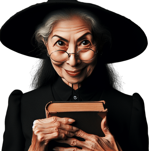 Old gloomy teacher witch with a malicious smile, with glasses, a twisted nose and a black conical hat, holding a book and looking at the camera.
Torso head and hat should appear