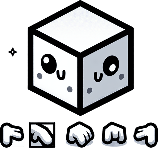 a cube with two eyes and hands but no arms.
Single Game Texture. In-Game asset. 2d. Blank background. High contrast. No shadows. (not creepy), cute