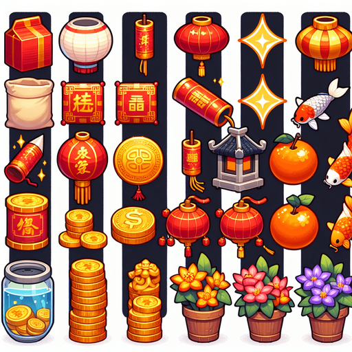 Sprite sheet with Hongbao, chinese Firecrackers, chinese lanters, Yuanbao, Koi Fish, chines Mandarin Oranges, chinese Plum Blossoms.
Game art.
Single Game Texture. In-Game asset. 2d. Blank background. High contrast. No shadows.