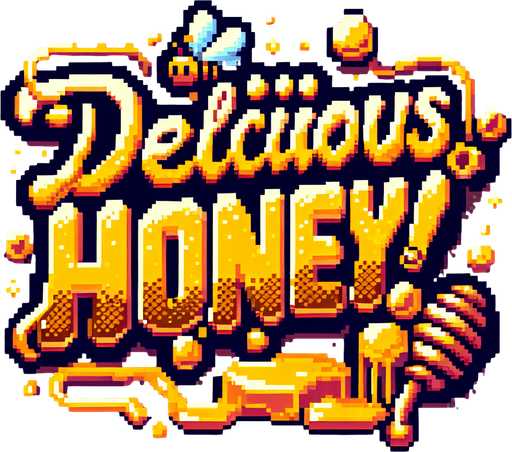 a cool splash screen style text saying 'Delicious Honey!' golden yellow brown honey colors. high-resolution pixel art..
Single Game Texture. In-Game asset. 2d. Blank background. High contrast. No shadows.