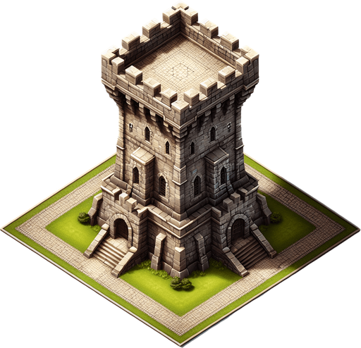 a medieval style stone tower. top down view. Single Game Texture. In-Game asset. 2d. Blank background. High contrast. No shadows.