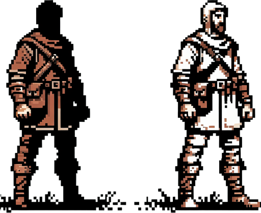 One human medieval villager in a warcraft 2 style Single Game Texture. In-Game asset. 2d. Blank background. High contrast. No shadows.