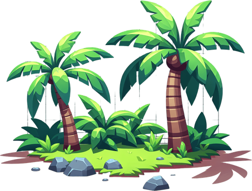 Create a cartoon-style illustration of palm trees leaves..
Single Game Texture. In-Game asset. 2d. Blank background. High contrast. No shadows.