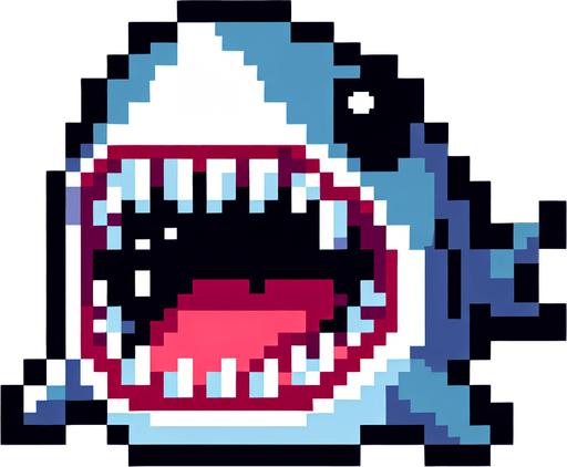 8 bit. cartoon. shark. ingame asset. seen from the front. open mouth. Single Game Texture. In-Game asset. 2d. Blank background. High contrast. No shadows.