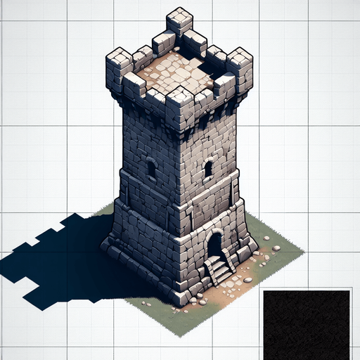 a medieval style stone tower. top down view. Single Game Texture. In-Game asset. 2d. Blank background. High contrast. No shadows.