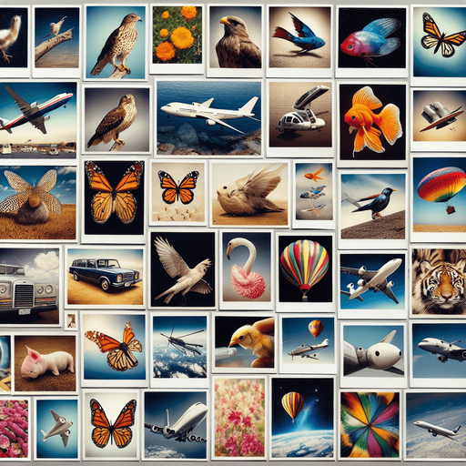 a multitude of polaroids in bulk, with photos of birds, fishes, butterflies, planes, hot air baloons, satelites, dragonflies.....