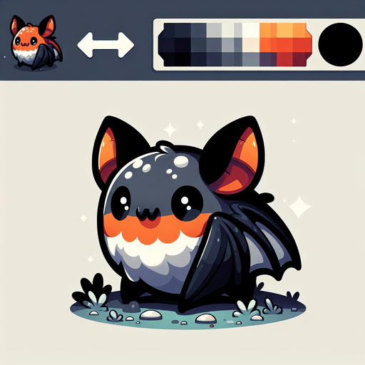 Single simple cartoon bat for a game titled "Flap & Bounce". The bird has lots black, grey and orange colors and is high contrast. The bat is seen from the side. Only show the animal. No shadows.
Single Game Texture. In-Game asset. 2d. Blank background. High contrast. No shadows.