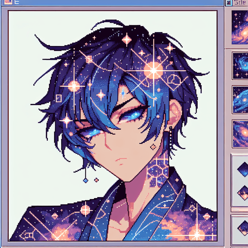 beautiful cosmic anime man.
pixel art, blank background