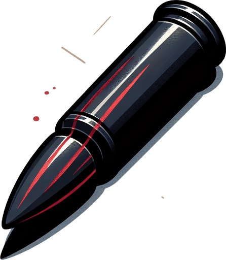 make a single black bullet with 5 red lines..
Single Game Texture. In-Game asset. 2d. Blank background. medium contrast. No shadows. cartoony. birdside view. full body. not facing the camera