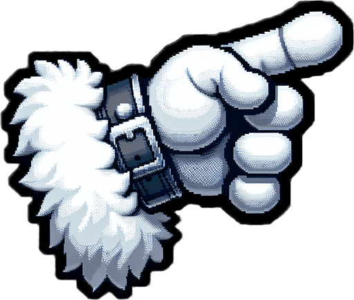 a horizontal santa's arm with a white glove and the index pointing to the right Single Game Texture. No background. High contrast. No shadows.