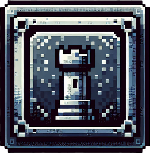 A metalic square button with the symbol of a tower from chess. Pixelart. Gamegui style. Medieval. Single Game Texture. In-Game asset. 2d. Blank background. High contrast. No shadows.