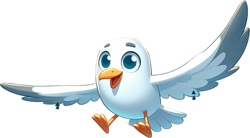 Create a cartoon-style illustration of a flying seagull. The goal is to capture a lively and playful character. Front perspective.
Single Game Texture. In-Game asset. 2d. Blank background. High contrast. No shadows.