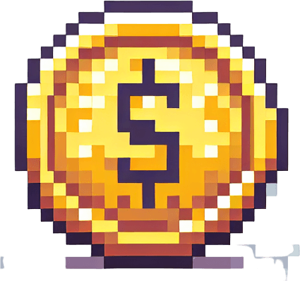 Pixel art coin for platform computer game.
Single Game Texture. In-Game asset. 2d. Blank background. High contrast. No shadows.