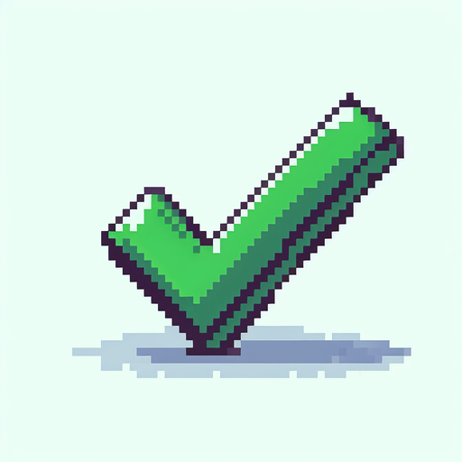 pixel art of a green checkmark.
Single Game Texture. In-Game asset. 2d. Blank background. High contrast. No shadows.