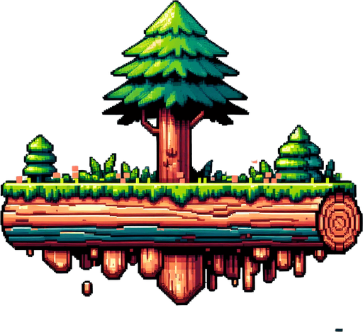 8 bit. cartoon. tree log. floating in the water.  in game asset. no background. Single Game Texture. In-Game asset. 2d. Blank background. High contrast. No shadows.