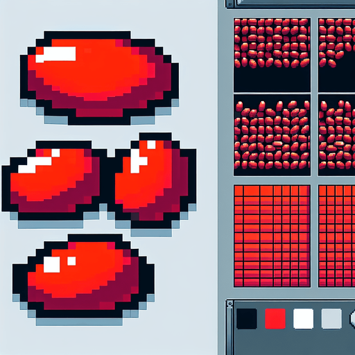 pixel art of three red beans.
Single Game Texture. In-Game asset. 2d. Blank background. High contrast. No shadows.