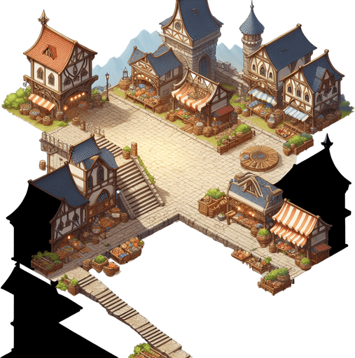 a marketplace in a  fantasy rts style.
Single Game Texture. In-Game asset. 2d. Blank background. High contrast. No shadows.