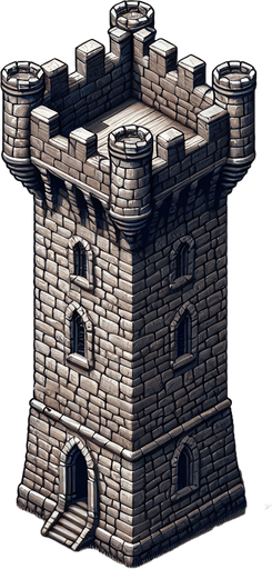 a medieval style stone tower. top down view. Single Game Texture. In-Game asset. 2d. Blank background. High contrast. No shadows.