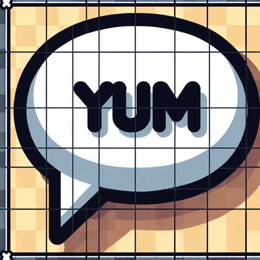 create a cartoon-style illustration of an speech bubble with the word "Yum!".
Single Game Texture. In-Game asset. 2d. Blank background. High contrast. No shadows.