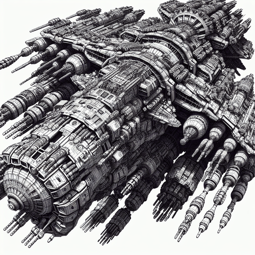 large enemy space ship with massive cannons flying downwards viewed from on top in colour.
Single Game Texture. In-Game asset. 2d. Blank background. High contrast. No shadows.