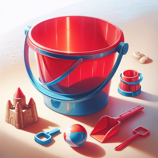 beach construction toys. red bucket with blue handle..
photorealistic