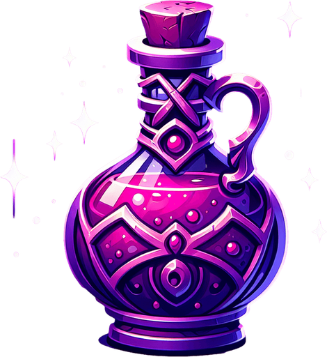 potion magique violette.
Single Game Texture. In-Game asset. 2d. Blank background. High contrast. No shadows.