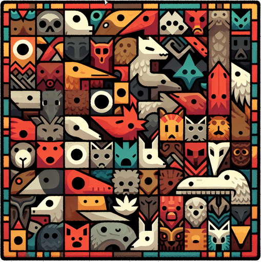 Patchwork of heads of plenty animals..
Single Game Texture. In-Game asset. 2d. Blank background. High contrast. No shadows.