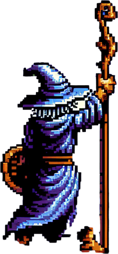 A wizard hero facing away with his back turned with his staff in the air
I want the art style to reflect a classic 16-bit retro pixel art aesthetic, reminiscent of early 1990s RPGs with vibrant colors. The environment should have a rich, fantasy-themed design with intricate backgrounds and a nostalgic, old-school feel..
Single Game Texture. In-Game asset. 2d. Blank background. High contrast. No shadows.