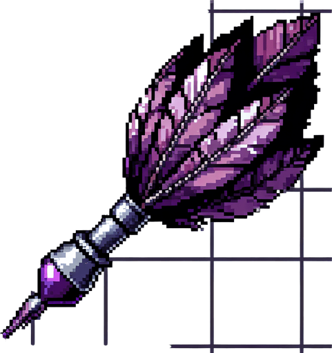 A purple posion dart. Feathers pointing down in the picture. Pixelart.vertical. Single Game Texture. In-Game asset. 2d. Blank background. High contrast. No shadows.