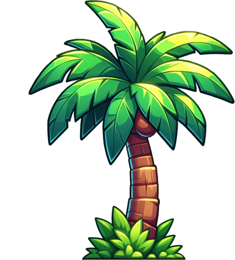 Create a cartoon-style illustration of palm trees. The goal is to capture a lively and playful location.
Single Game Texture. In-Game asset. 2d. Blank background. High contrast. No shadows.