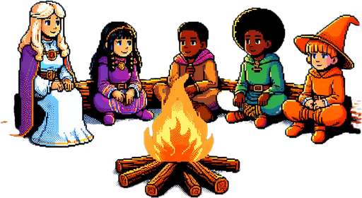 A campfire setting with a teacher and kids sitting down. Everyone dressed as wizards. I want the art style to reflect a classic 16-bit retro pixel art aesthetic, reminiscent of early 1990s RPGs with vibrant colors. The environment should have a rich, fantasy-themed design with intricate backgrounds and a nostalgic, old-school feel..
Single Game Texture. In-Game asset. 2d. Blank background. High contrast. No shadows.