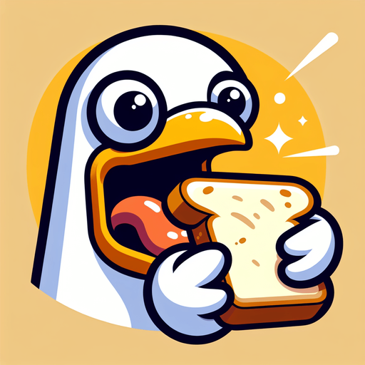 Create a cartoon-style illustration of a seagul's face chomping down on a slice of bread make it comical.
Single Game Texture. In-Game asset. 2d. Blank background. High contrast. No shadows.