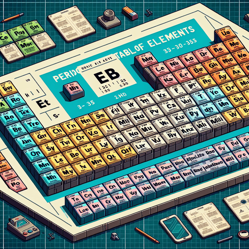 The periodic table of the elements..
Single Game Texture. In-Game asset. 2d. Blank background. High contrast. No shadows.