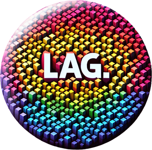 a button with random rainbow cubes on it over the text "lag".
Single Game Texture. In-Game asset. 2d. Blank background. High contrast. No shadows.