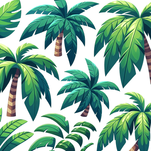 Create a cartoon-style illustration of palm trees leaves..
Single Game Texture. In-Game asset. 2d. Blank background. High contrast. No shadows.