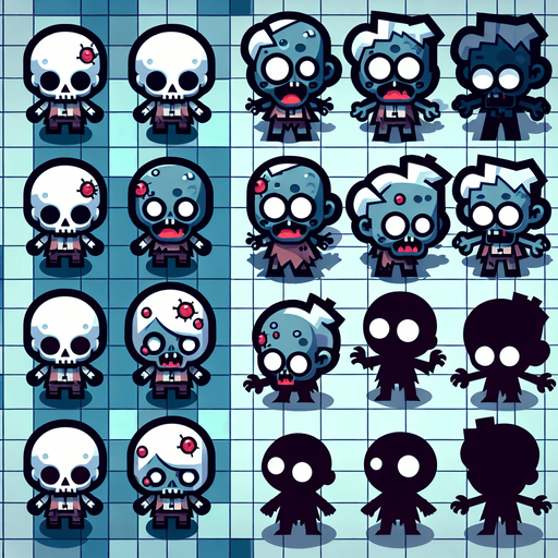 cute zombie character.
Single Game Texture. In-Game asset. 2d. Blank background. High contrast. No shadows. top down view. view from above. bird view