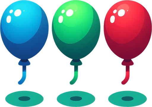 Blue, Green, Red Ballons..
Single Game Texture. In-Game asset. 2d. Blank background. High contrast. No shadows.