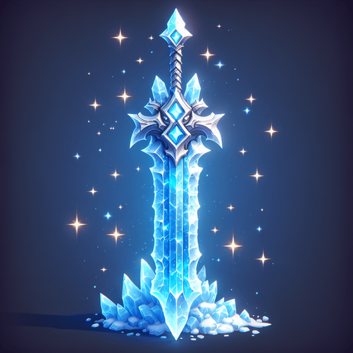 Magical elemental crystal sword made of ice..
Single Game Texture. In-Game asset. 2d. Blank background. High contrast. No shadows.