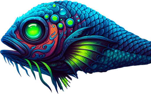 Fish with green eyes.
Single Game Texture. In-Game asset. 2d. Blank background. High contrast. No shadows.