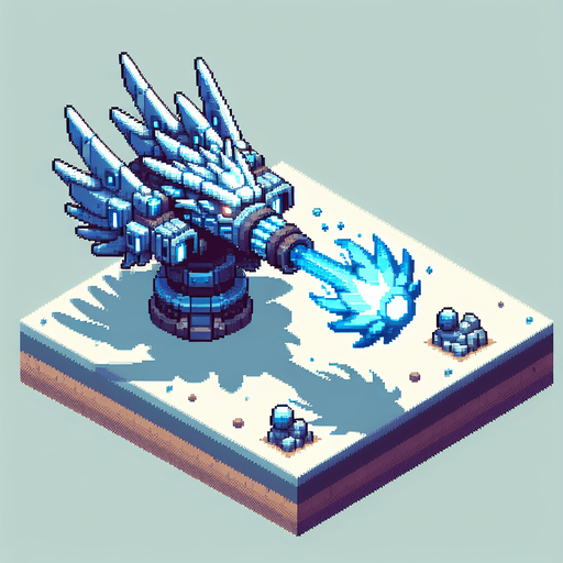 dragon shaped firing turret. top-down bird-eye perspective seen directly from above. 8-bit pixelated. blue soft-palette colored.
Single Game Texture. In-Game asset. 2d. Blank background. High contrast. No shadows.