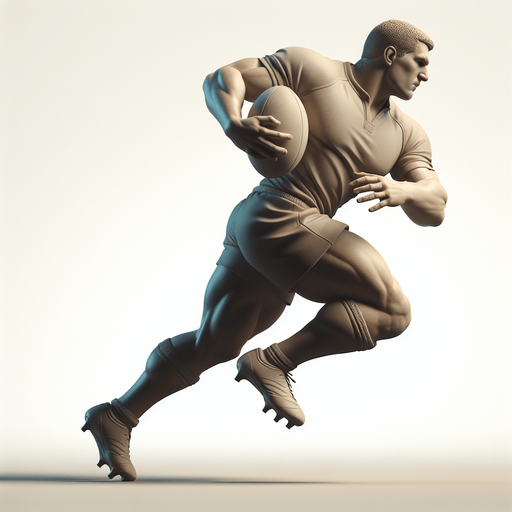 Joueur de rugby avec un charure musclé et qui a la balle 
Il attaque.
Single Game Texture. In-Game asset. 3d. Blank background. High contrast. No shadows.