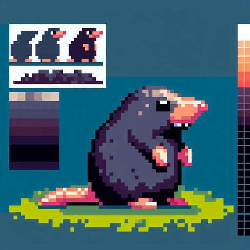 pixel art. mole. standing up position..
Single Game Texture. In-Game asset. 2d. Blank background. High contrast. No shadows.