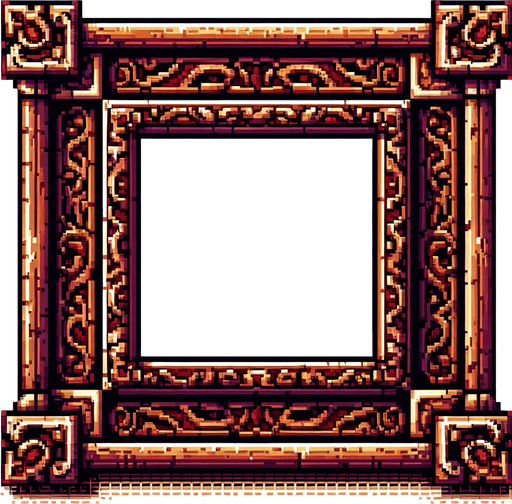 Wooden engrained frame. I want the art style to reflect a classic 16-bit retro pixel art aesthetic, reminiscent of early 1990s RPGs with vibrant colors. The environment should have a rich, fantasy-themed design with intricate backgrounds and a nostalgic, old-school feel..
Single Game Texture. In-Game asset. 2d. Blank background. High contrast. No shadows.