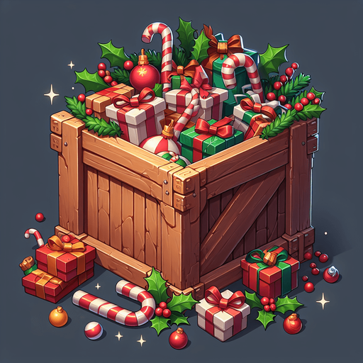 2d opened christmas crate Single Game Texture. In-Game asset. 2d. Blank background. High contrast. No shadows.