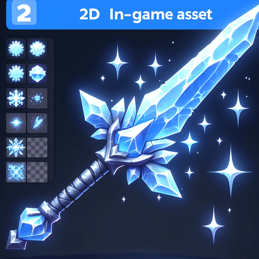 Magical elemental crystal sword made of ice..
Single Game Texture. In-Game asset. 2d. Blank background. High contrast. No shadows.