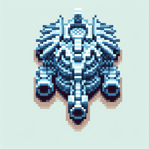 dragon shaped firing turret. top-down bird-eye perspective seen directly from above. 8-bit pixelated. blue soft-palette colored.
Single Game Texture. In-Game asset. 2d. Blank background. High contrast. No shadows.