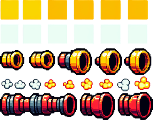 Bright yellow and red engine exhaust sprite sheet..
Single Game Texture. In-Game asset. 2d. Blank background. High contrast. No shadows.