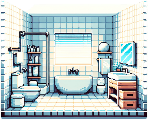 minimalist bathroom. pixelated. 8-bit.
Single Game Texture. In-Game asset. 2d. Blank background. High contrast. No shadows.